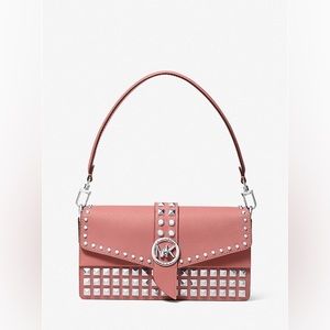 Greenwich Medium Studded Saffiano Leather Shoulder Bag in Rose